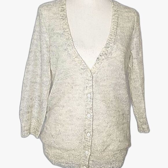 J. Crew Cardigan Deep V Button Front Gray Cream Mohair Wool Size Small - Picture 1 of 5